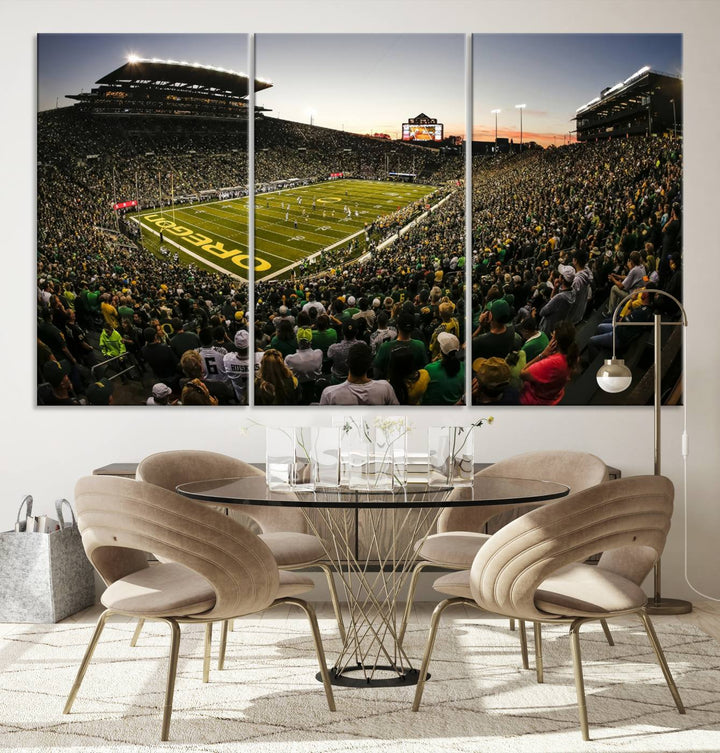 Autzen Stadium Evening Game Triple Canvas Wall Art - Oregon Ducks Football Match