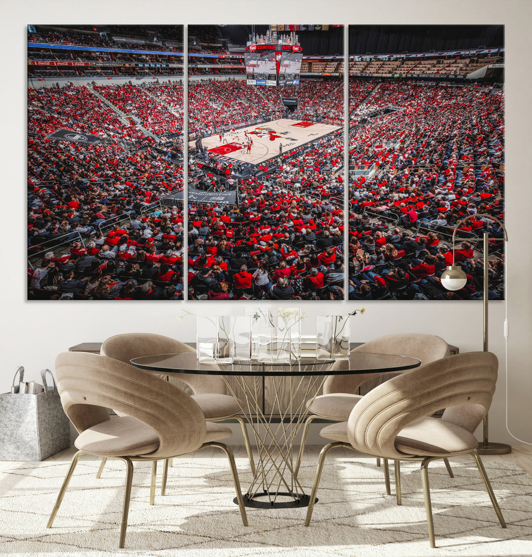 A painting of Louisville Cardinals fans in red at the KFC Yum Center Arena.