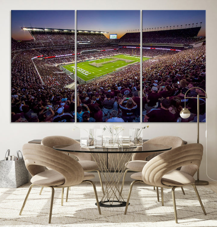 Texas A&M Aggies Football Team Print featuring Kyle Field Stadium in College Station, detailed wall art canvas print for Aggies fans and home decor