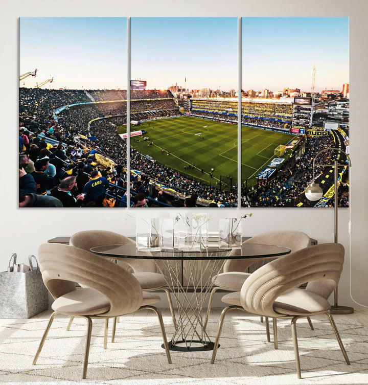 The wall art canvas print vividly captures the dynamic soccer culture at Bombonera Stadium with its vibrant depiction.