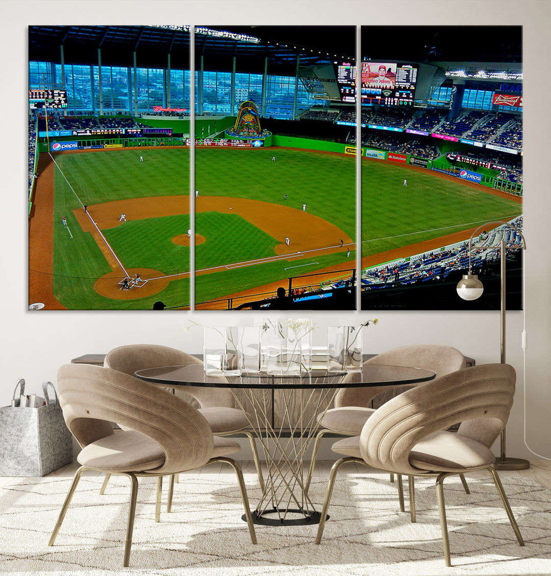 The living room features Miami Marlins wall art.