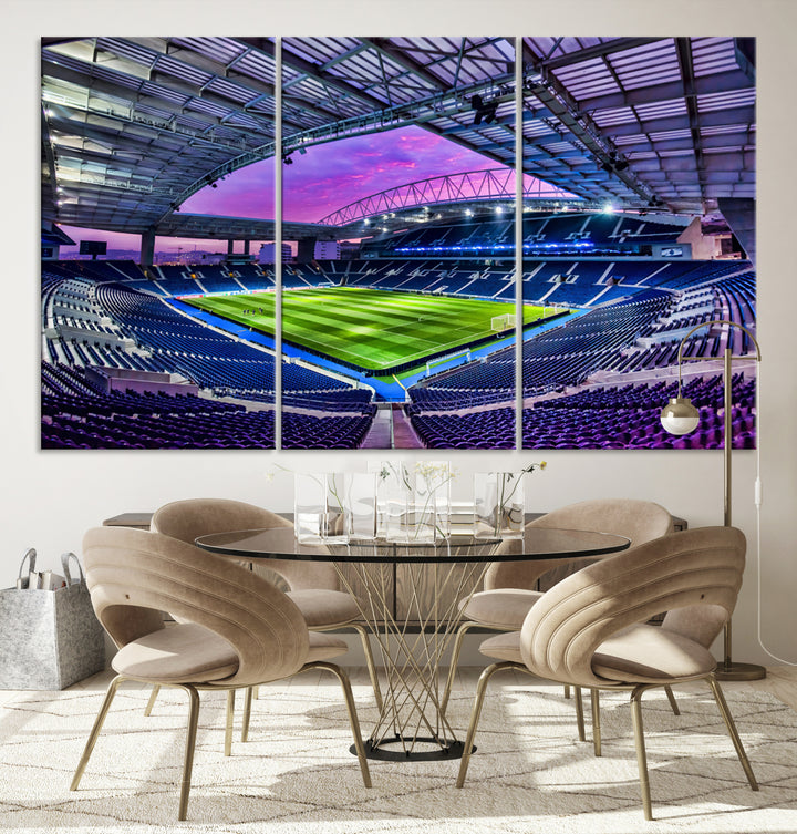 The FC Porto Soccer Team Dragon Stadium Wall Art Canvas Print decorates the room.