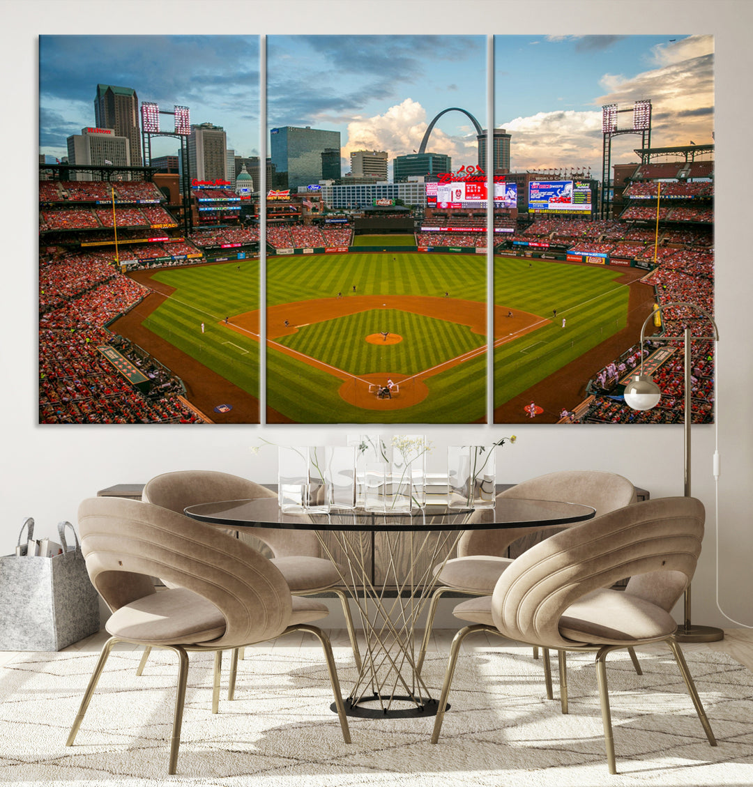 Canvas art of the St. Louis Cardinals Busch Stadium, capturing the citys skyline.