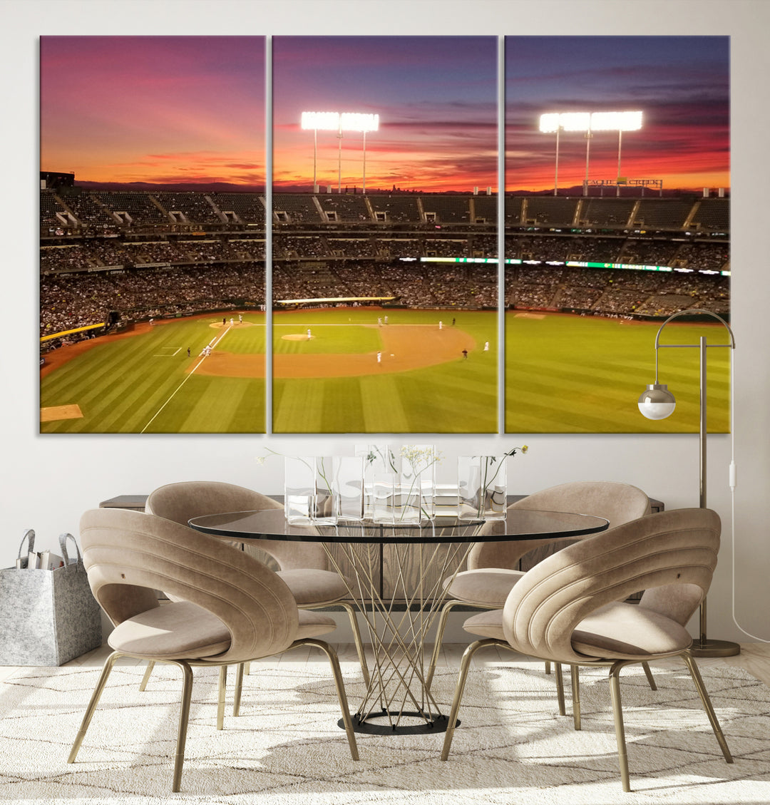 The Oakland Coliseum print is a museum-quality canvas depicting a full crowd and a sunset.