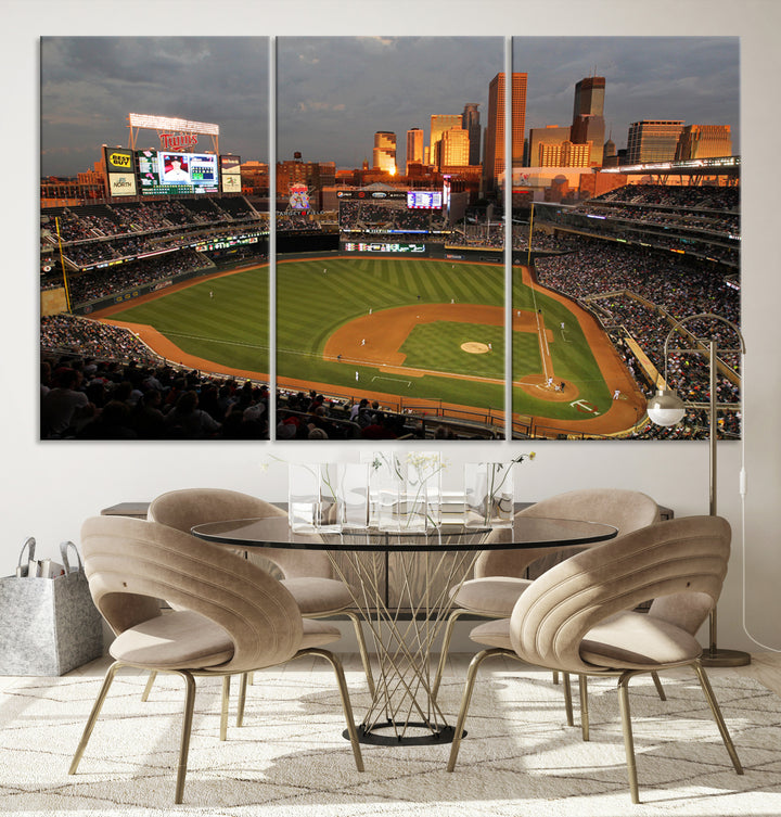 Baseball at Target Field, sunset game, city skyline view.