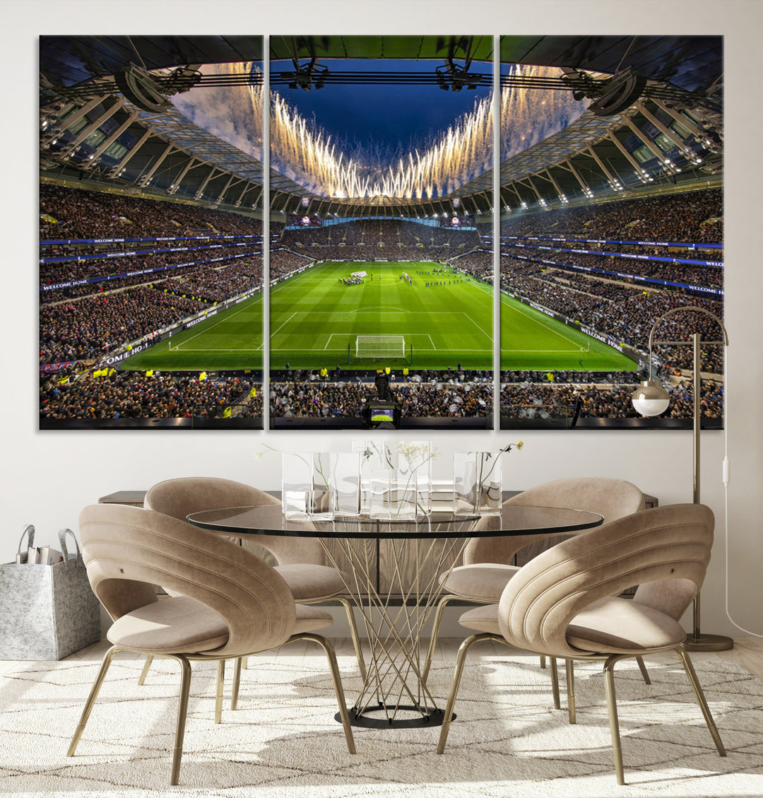 A stunning Tottenham Hotspur Stadium wall art captures the energy of a stadium packed with fans and vibrant lights.