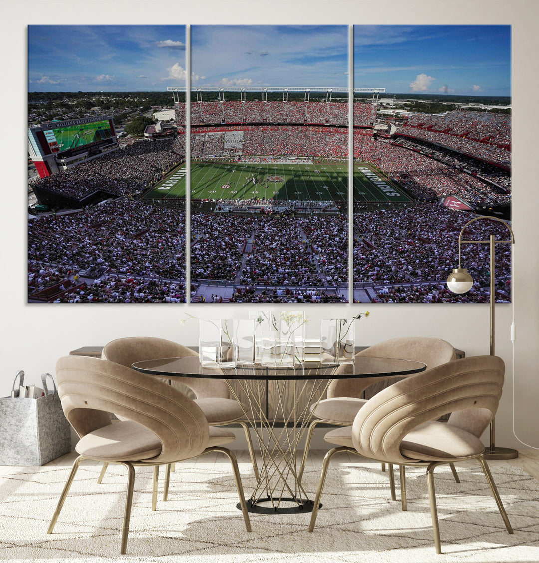 The wall art is a South Carolina Gamecocks print, showcasing Williams-Brice Stadium from a distance under clear skies.