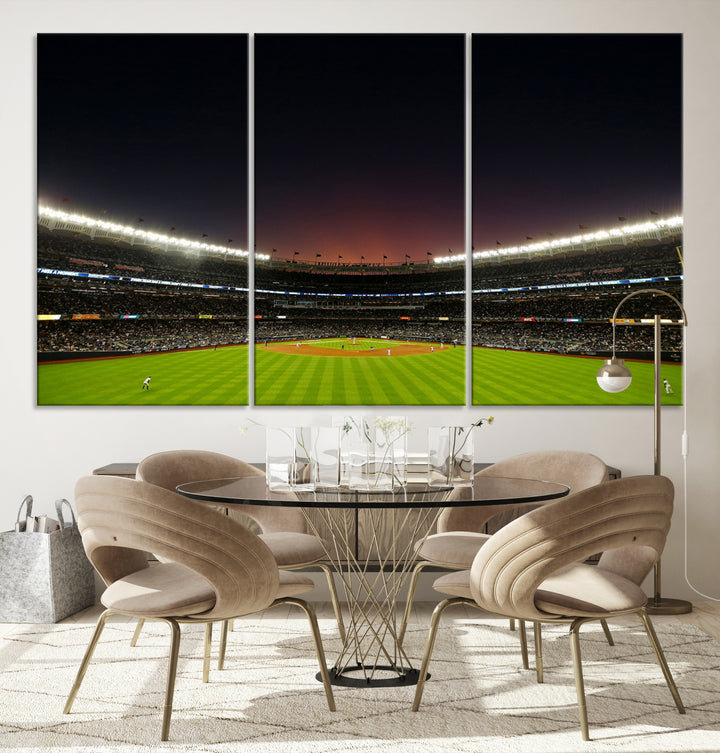 A night game at Yankee Stadium depicted on canvas beneath a sunset sky.