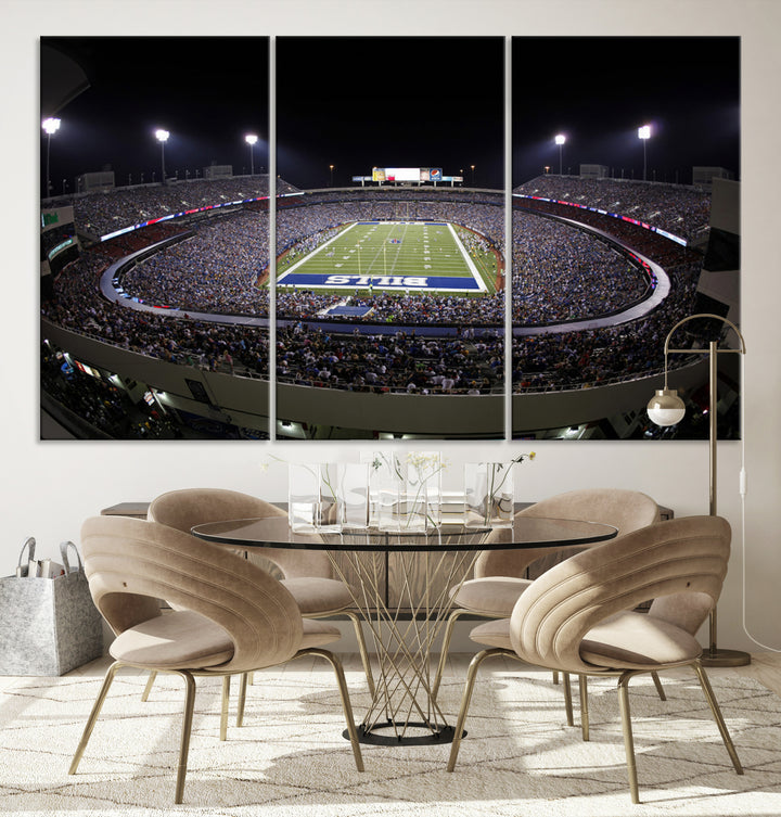 The Buffalo Bills NFL Highmark Stadium at night print captures the bright lights, conveying an exhilarating atmosphere.