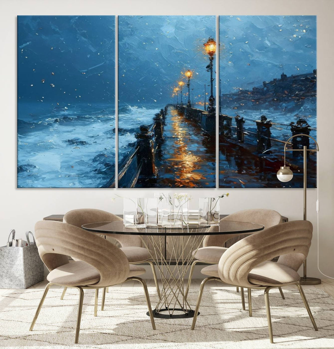 Framed 3-Panel Seaside Night Pier Oil Painting Canvas Wall Art | Ready to Hang Coastal Landscape Art for Modern Living Room, Office, or Bedroom Decor