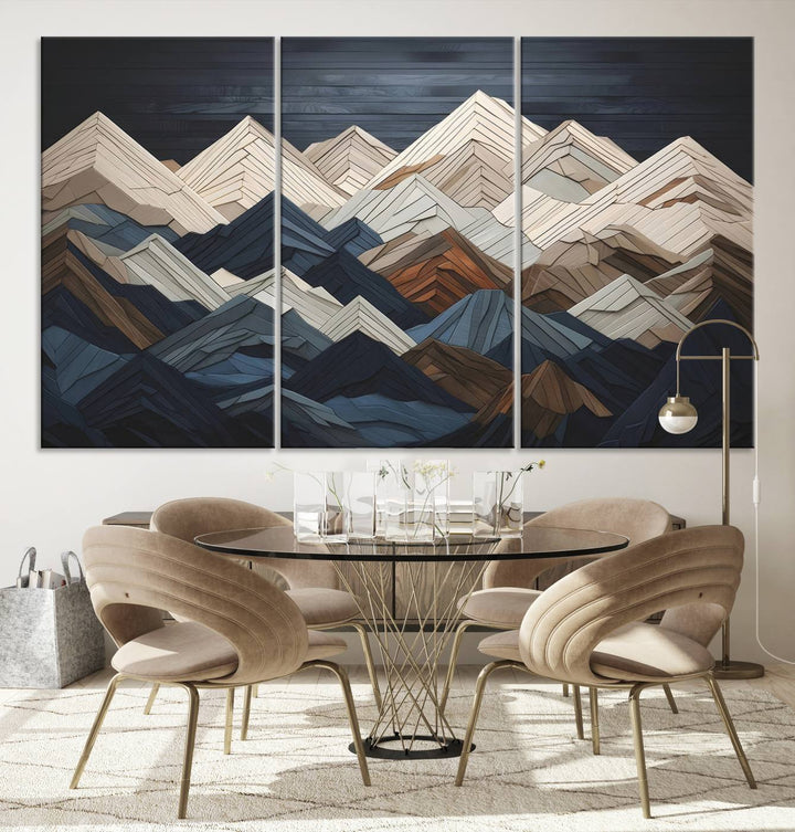 Wood Style Mountain Range Wall Art - Ready to Hang 3-Piece Set for Modern Rustic Decor, Abstract Wooden Design for Living Rooms, Bedrooms & Offices