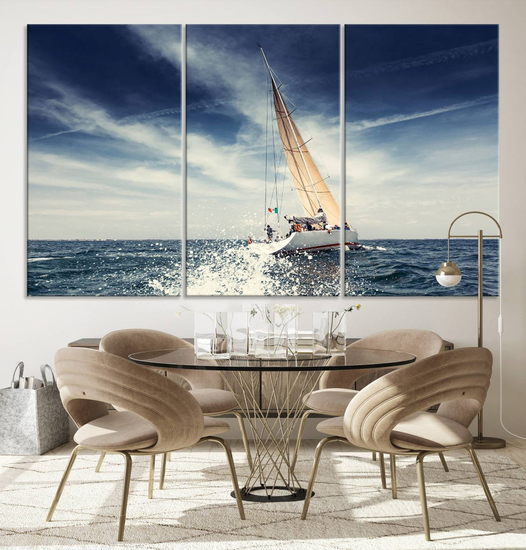 Sailboat Ocean Beach Blue Sky Wall Art Canvas Print