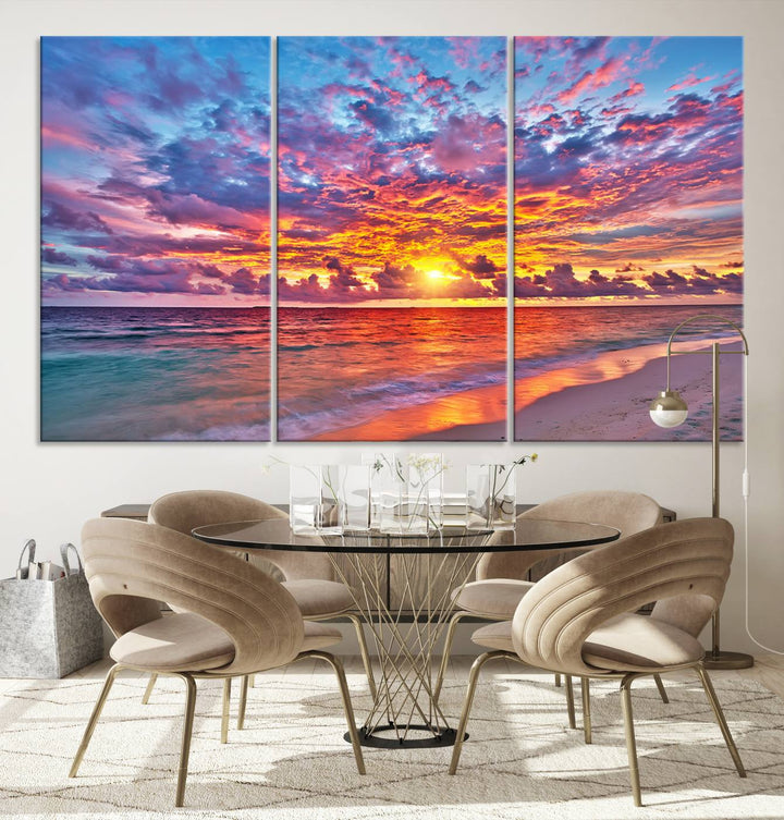 Vibrant Sunset Beach Wall Art | Ocean Sunset Canvas Print | Coastal Wall Art Decor | Ready to Hang | Stunning Sunset Scene for Home or Office Decor