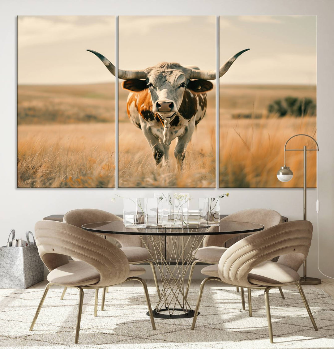 The Texas Cow Longhorn Wall Art Canvas adds rustic charm to the decor.