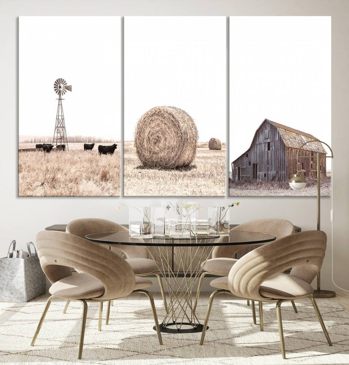 Above the couch, a Rustic Farmhouse Wall Art set depicts a barn and wheat field.