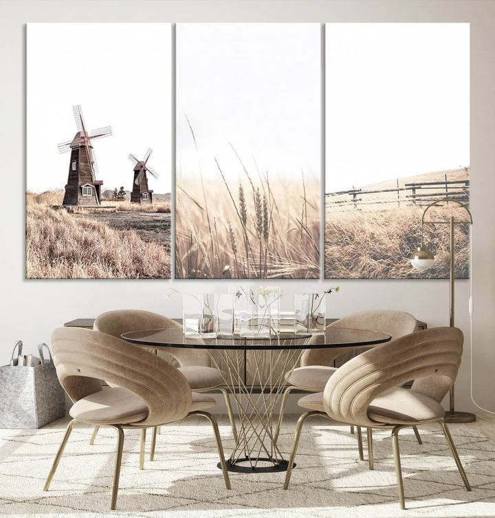 Farmhouse wall art set: 3 giclee canvas prints featuring windmills and wheat fields.