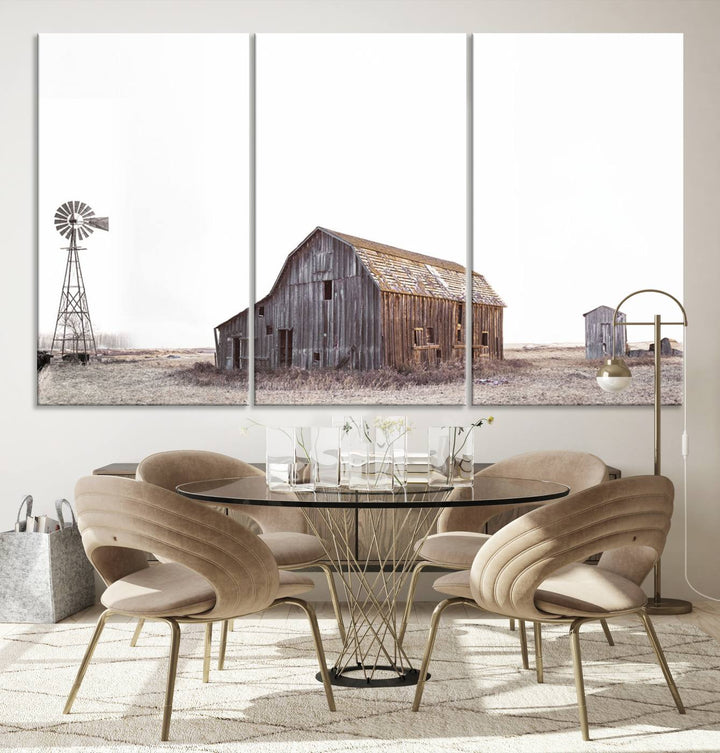 The Set of 3 Rustic Farmhouse Wall Art Prints features a barn, wheat field, and landscape.