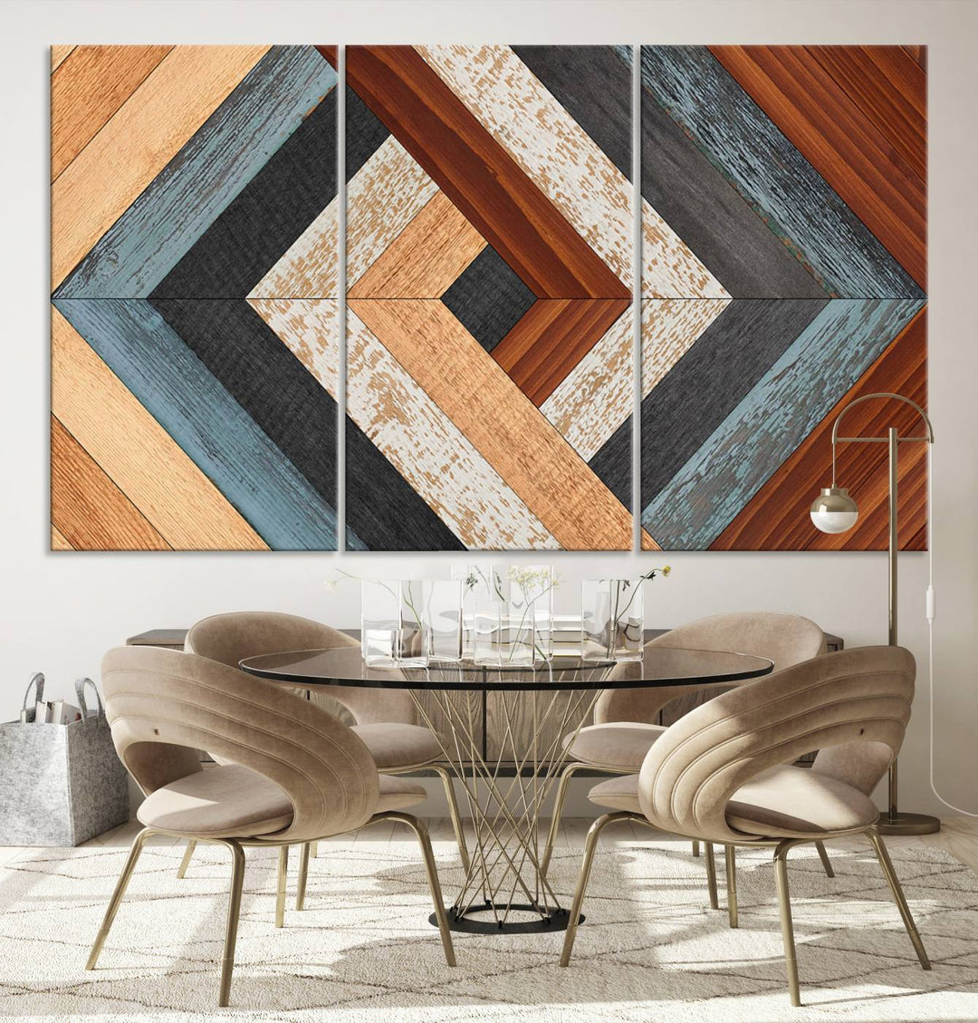 Above the blue sofa hangs the Geometric Wood Art Wall Decor Canvas Print, Rustic Wooden Pattern Triptych Wall Art for Living Room – Ready to Hang. This piece adds rustic charm to the space with its unique wall decor.