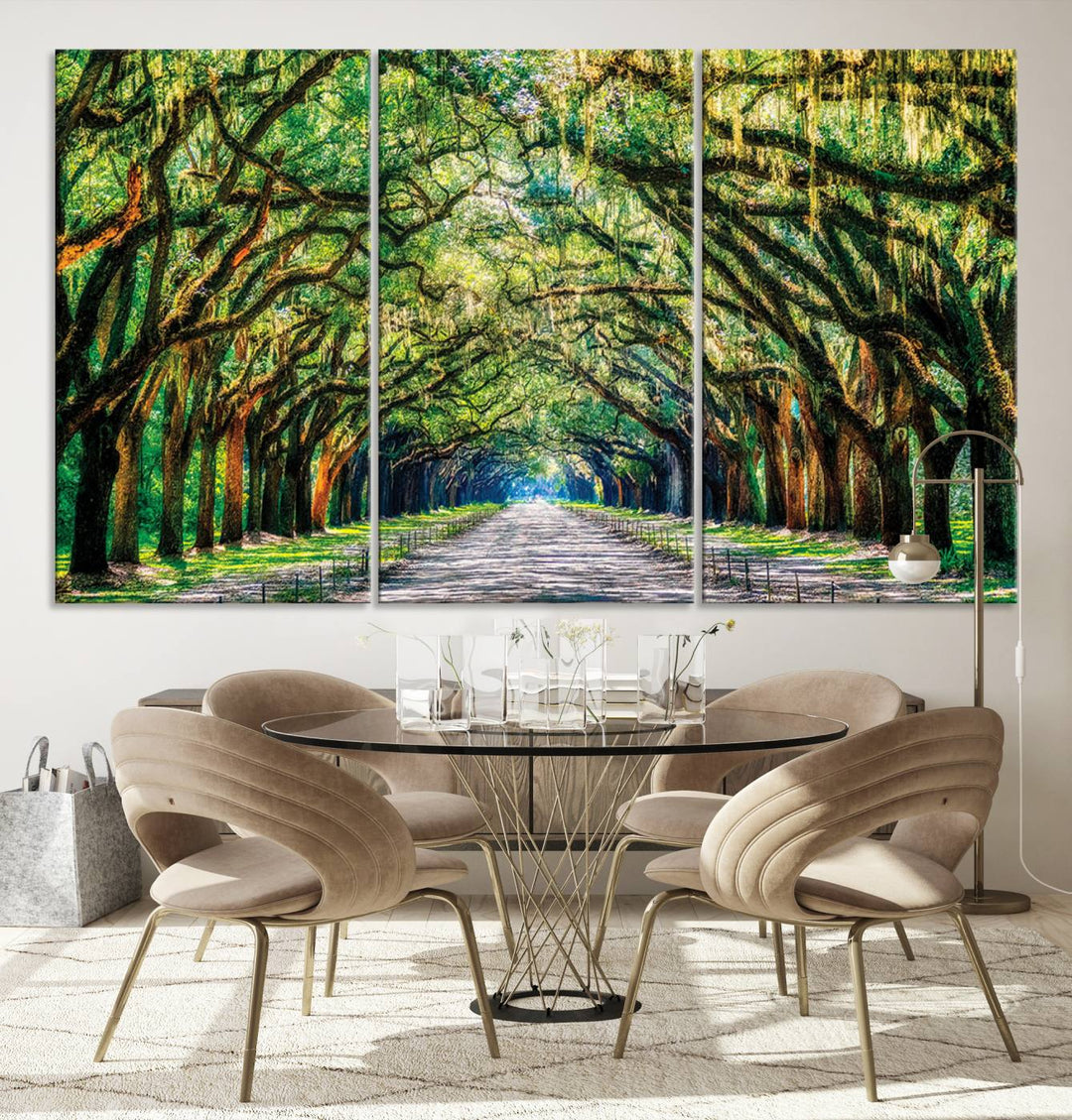 Serene Tree Tunnel Wall Art Canvas Print – Pathway Under Canopy of Lush Green Trees, Nature-Inspired Decor for Living Room – Ready to Hang