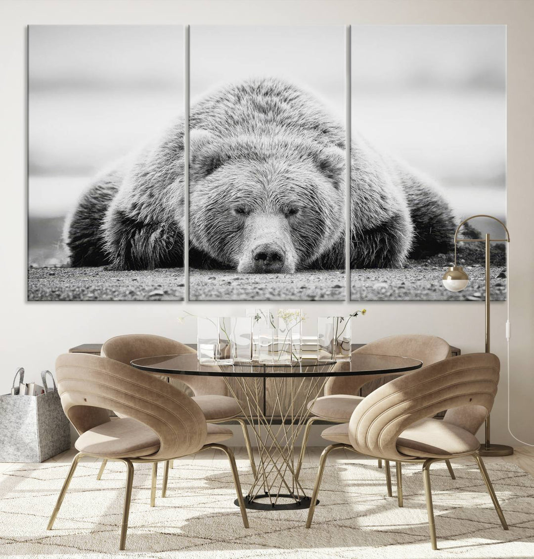 Resting Bear Wall Art Canvas Print – Majestic Lazy Black and White Wildlife Bear Art, Perfect for Nature-Inspired Home Decor – Ready to Hang