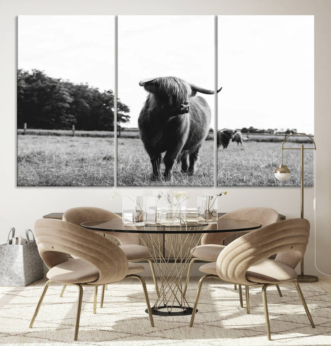 The Black and White Highland Cow Canvas Print is perfect rustic western decor.