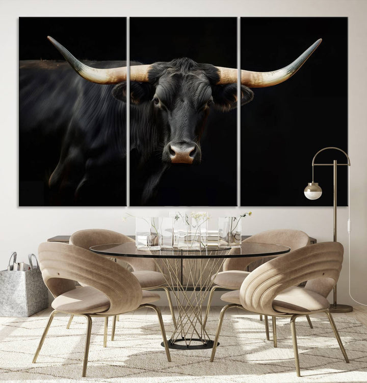 Texas Longhorn Cow | Majestic Black Bull Wall Art Canvas Print - Farmhouse Animal Decor - Ready to Hang