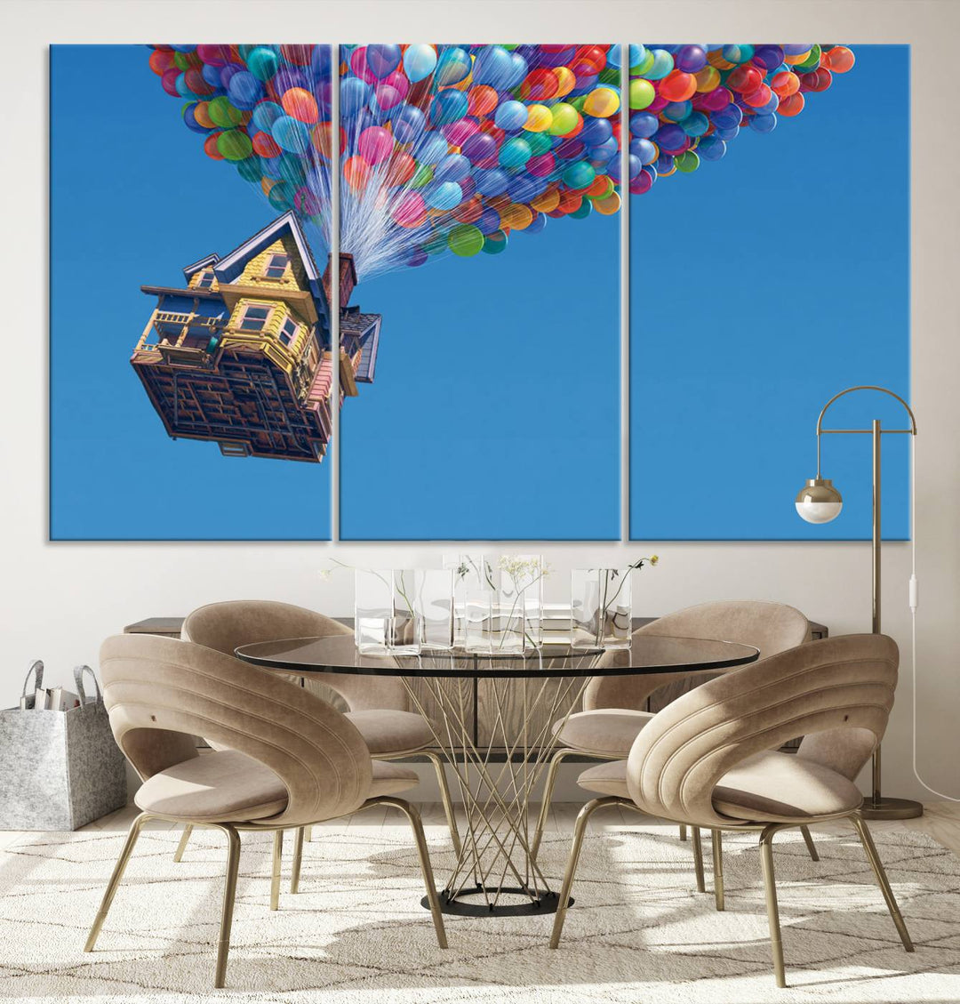 The "Carl Fredricksen, Up Movie Wall Art" features a three-panel design with a house lifted by colorful balloons, adding whimsical decor to any space.