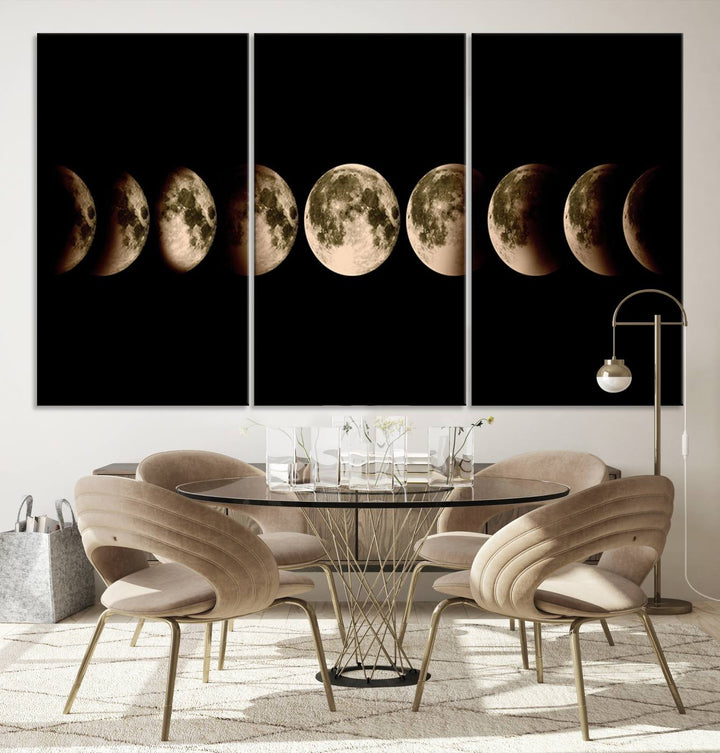 The "Phases of the Moon Wall Art" canvas print elegantly hangs on the wall.