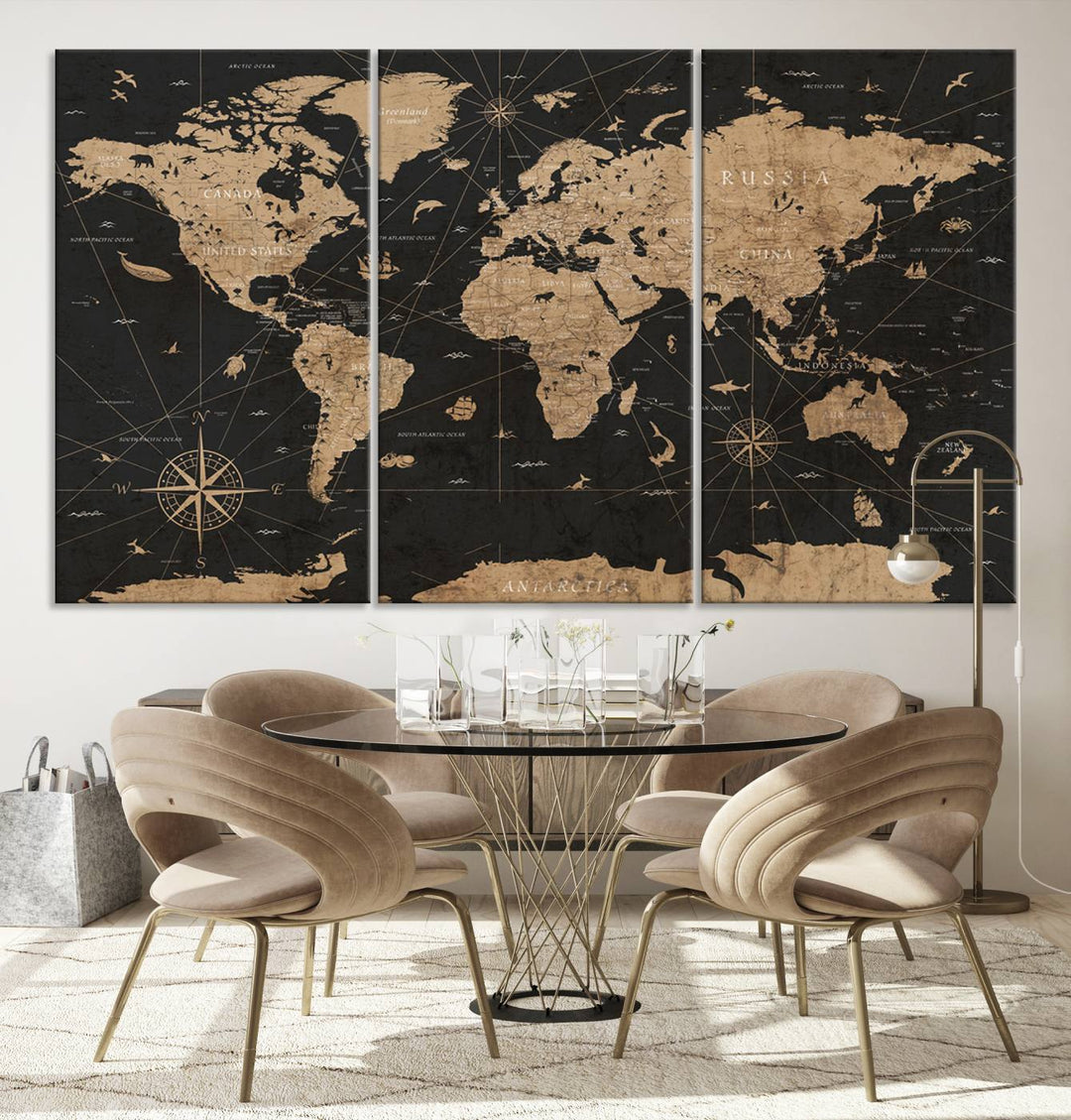 The framed vintage world map wall art triptych with a dark background hangs prominently.