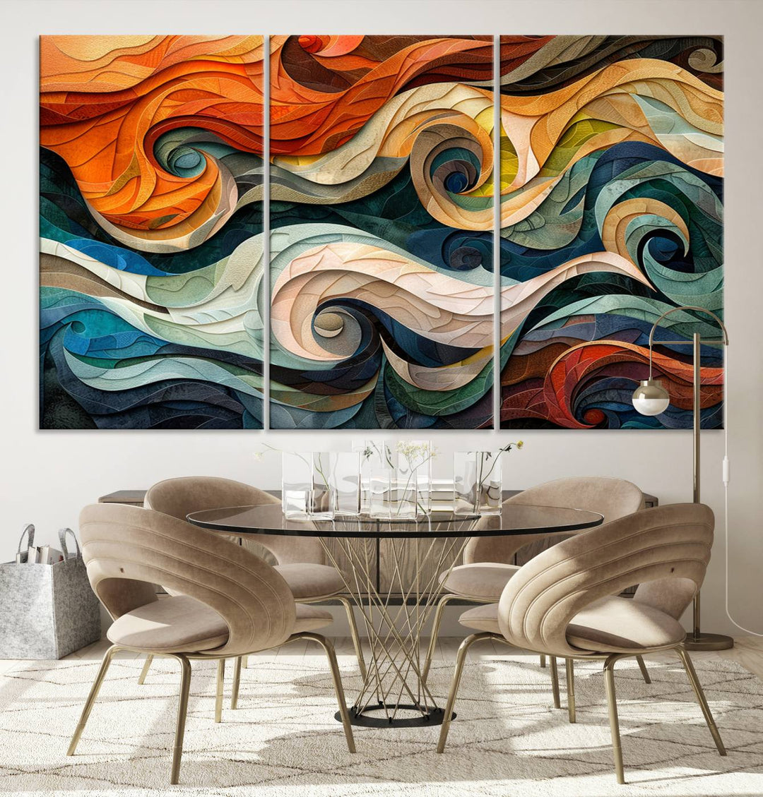 Abstract Wave Wall Art is a ready-to-hang framed canvas print featuring swirling orange, blue, and white patterns. It's perfect for adding vibrant decor to modern spaces.