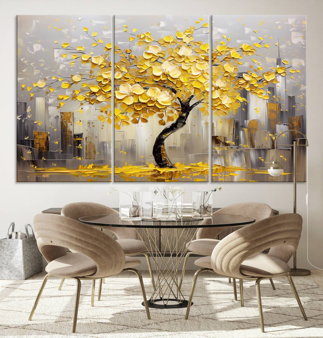 A framed canvas print from the "Golden Tree Canvas Print | Abstract Wall Art for Modern Homes | Ready to Hang Framed Artwork" collection hangs elegantly against the dark wall, epitomizing exquisite abstract wall art.