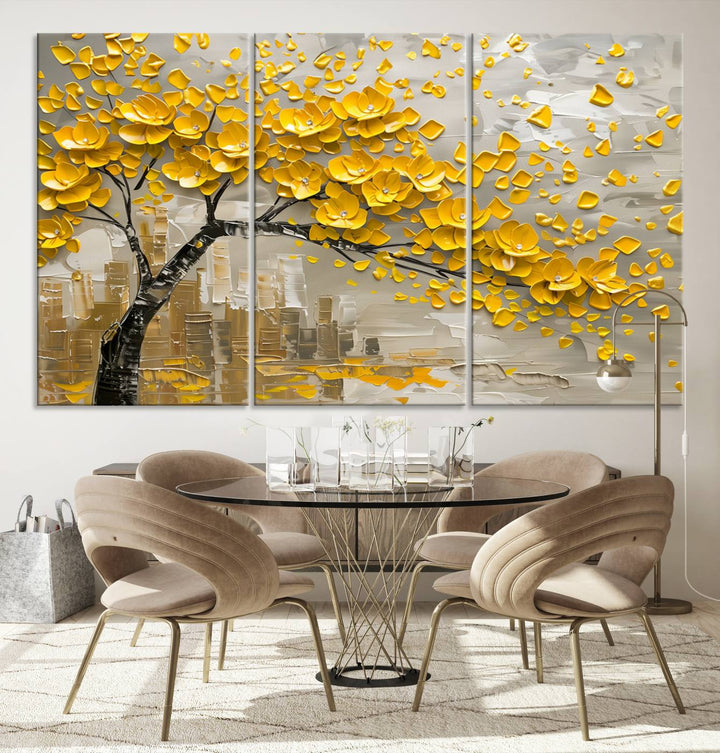 Yellow Blossom Tree Canvas Wall Art, featuring a floral abstract modern design, is elegantly displayed against a dark wall. This sophisticated piece enhances the contemporary aesthetic of the space.