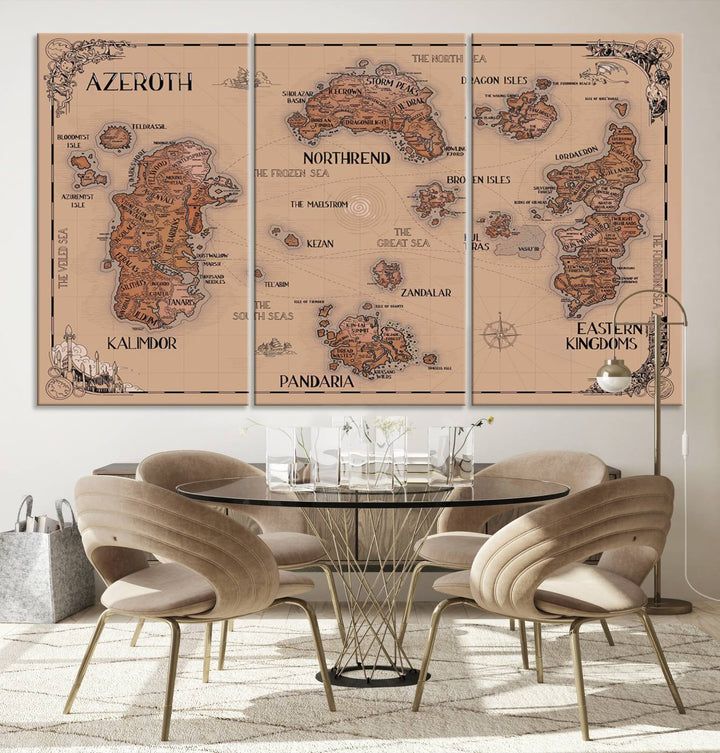 The Vintage Azeroth World Map Canvas Print, a stunning three-piece set, enhances the space with its vintage charm, perfectly complementing your gaming decor.