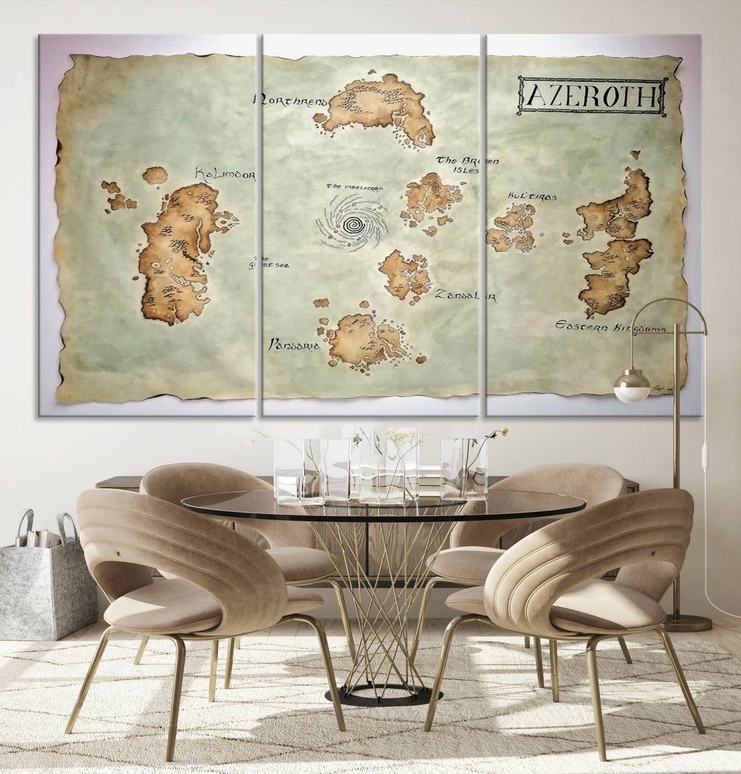 The Azeroth World Map Wall Art Canvas Print, a three-panel vintage piece, brings a cozy fantasy gaming atmosphere to the room.