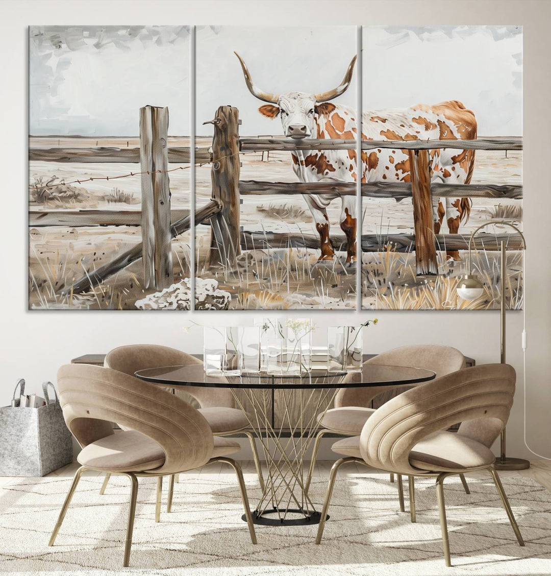 The Abstract Longhorn Cow Wall Art, a ready-to-hang framed canvas print, adds rustic charm and perfectly captures the essence of rural elegance.