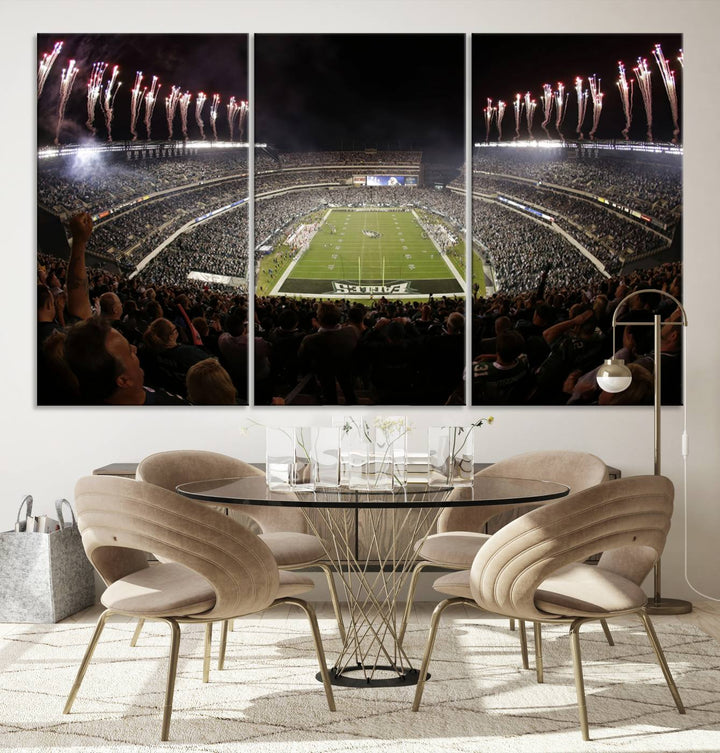 The living room features a spectacular Philadelphia Eagles Football Team Print. This wall art canvas print of Lincoln Financial Field at night captures a Philadelphia Eagles game under the dazzling brilliance of fireworks, making it an eye-catching centerpiece.