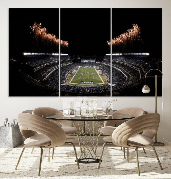 A stunning triptych wall art featuring the Philadelphia Eagles Football Team Print, capturing Lincoln Financial Field with spectacular fireworks.