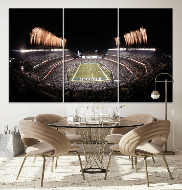 Experience the breathtaking Lincoln Financial Field Fireworks Game captured in this triple canvas wall art. A must-have for any Philadelphia Eagles fan!