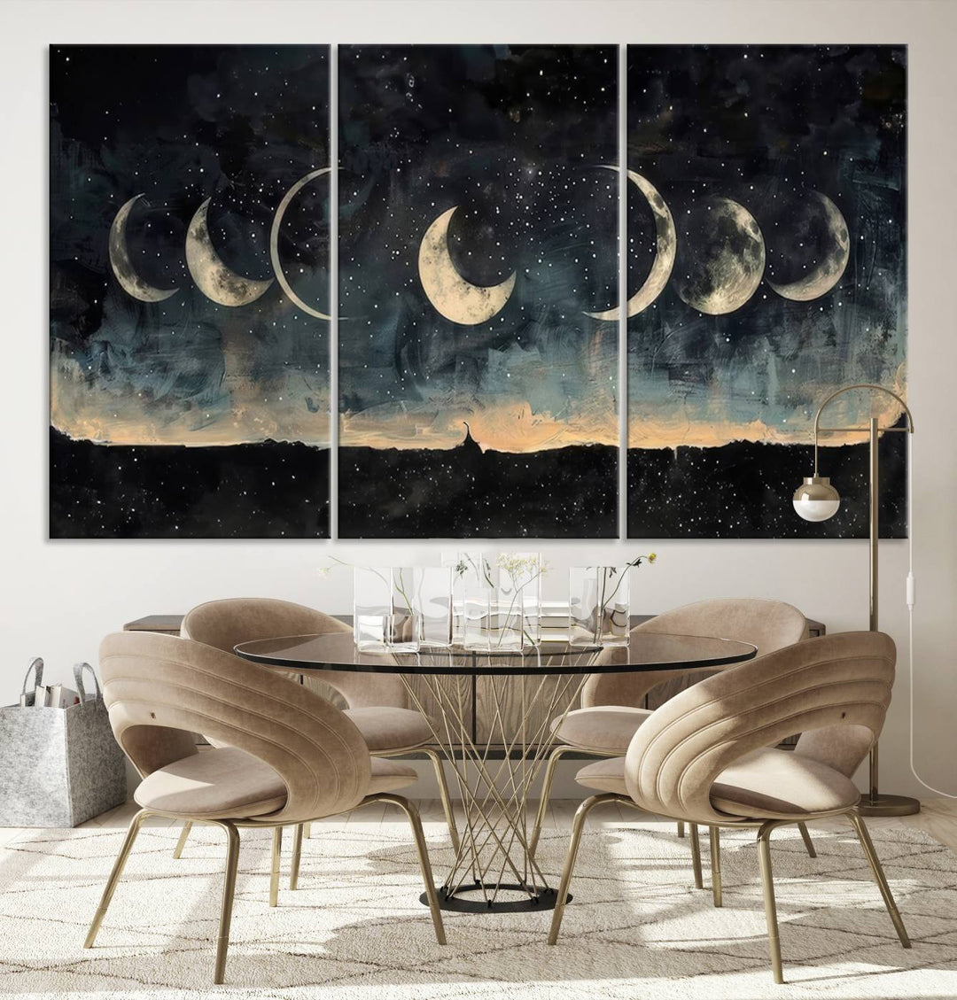 The "Phases of the Moon Wall Art," a framed canvas series capturing the celestial beauty of lunar cycles against a starry night, adds an elegant touch to the contemporary dining room.