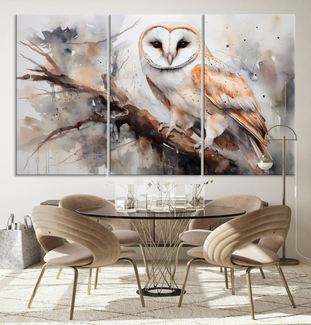 The Barn Owl Wall Art watercolor canvas adds a rustic twist to farmhouse decor.