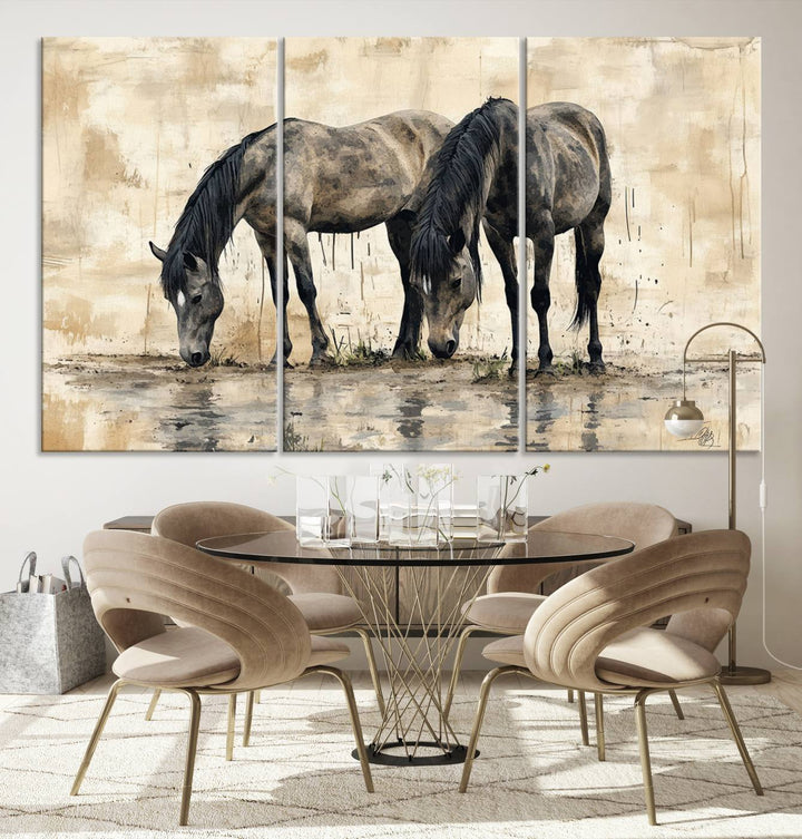 Chines Ink Style Black Horses Wall Art Canvas Print features a triptych painting of two horses drinking at the water's edge.