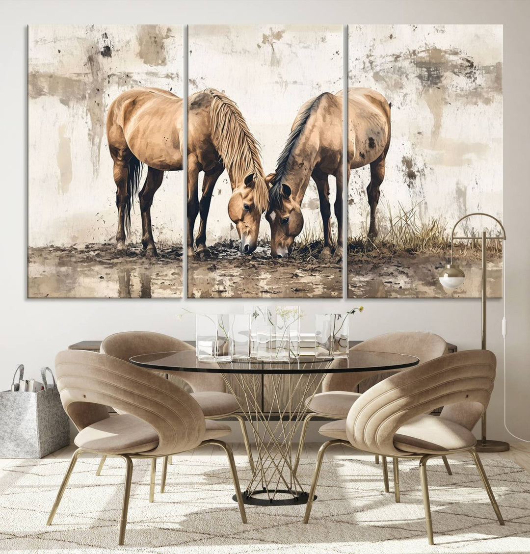 The Vintage Horses Wall Art, a ready-to-hang and framed triptych, beautifully captures two horses gracefully grazing. It perfectly complements the rustic charm of western farmhouse wall decor.