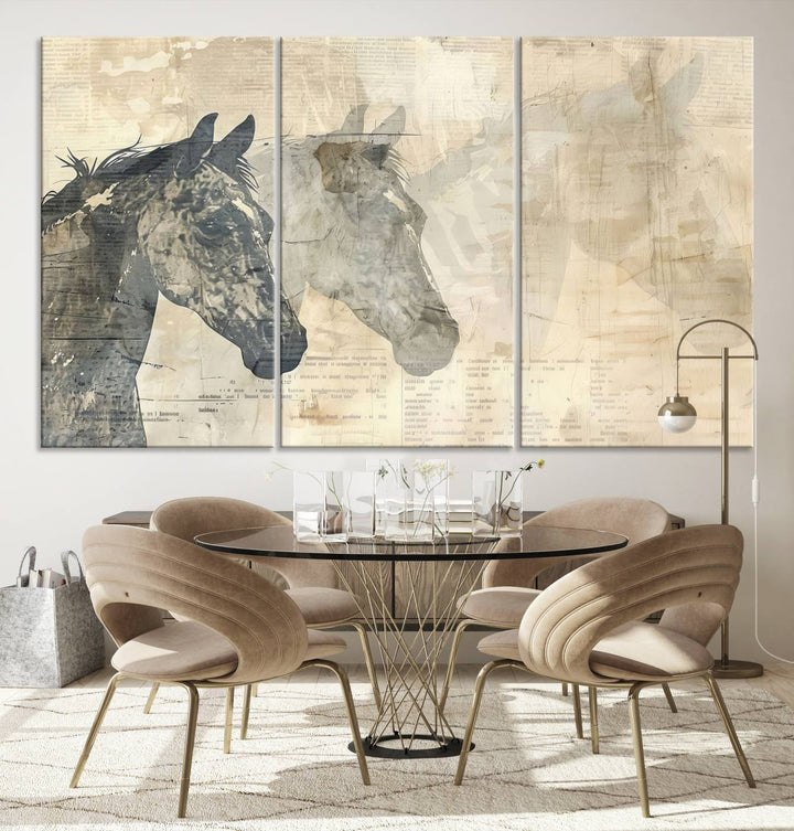 The Abstract Horse Canvas Print, part of the Modern Farmhouse Wall Art collection and ready to hang with its framed design, enhances the decor when displayed as a three-panel set on a dark wall.