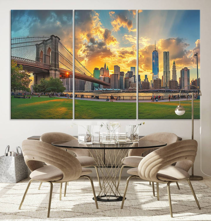 The "Brooklyn Bridge New York Skyline Wall Art" is a ready-to-hang framed canvas print that beautifully captures the cityscape at sunset, showcasing the iconic Brooklyn Bridge and majestic skyscrapers.