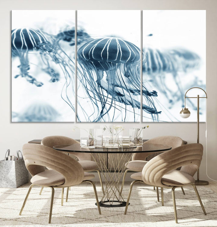 The Abstract Jellyfish Wall Art Canvas Print, a three-panel piece featuring high-resolution printing, hangs elegantly in the room, adding vibrant detail to the space.