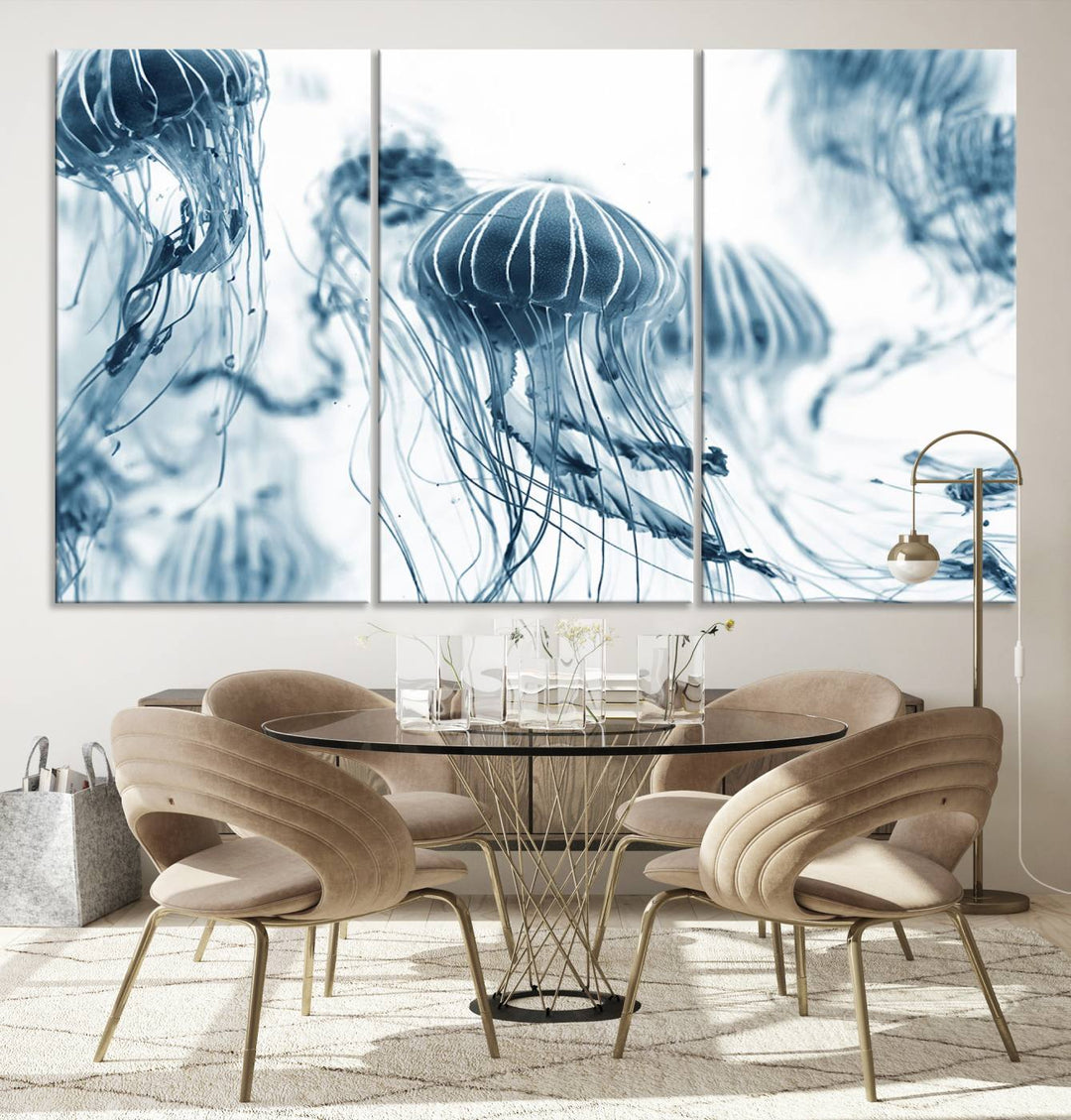 The "Abstract Jellyfish Wall Art Canvas Print" in high resolution is beautifully displayed as a triptych on a dark wall. Experience museum-quality canvas and enjoy free shipping with this stunning piece.