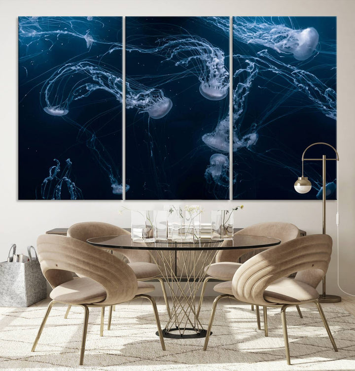 Room with modern decor, featuring the Abstract Jellyfish in Ocean Wall Art Canvas Print on museum-quality canvas.