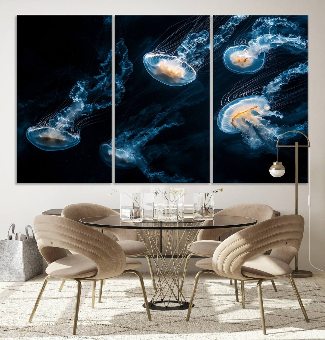 The "Jellyfish Wall Art Canvas Print," featuring a sea-themed design of glowing jellyfish, is displayed in high-resolution on museum-quality canvas.