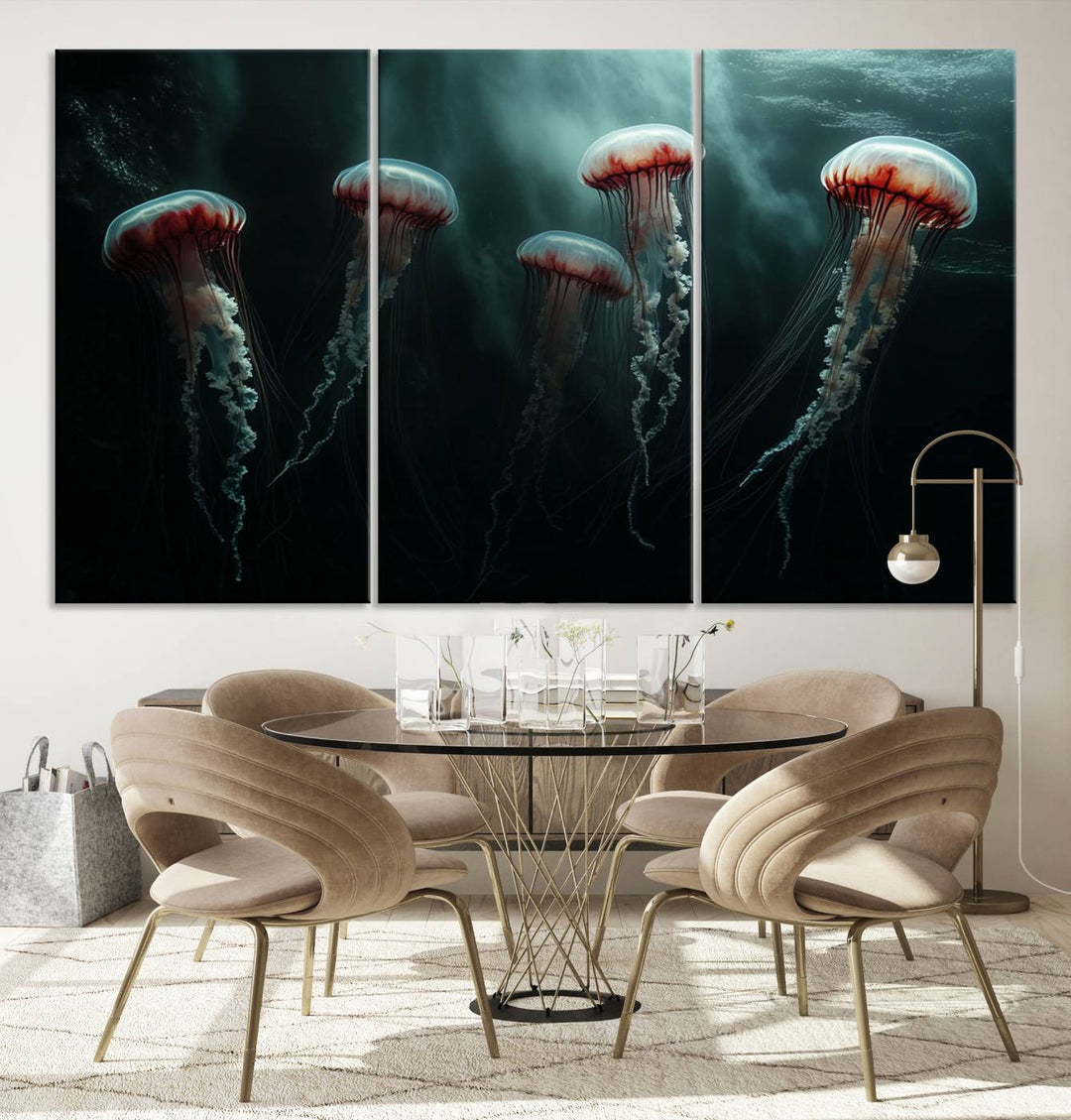 The Abstract Jellyfish Wall Art Canvas Print, framed in the USA and showcased on museum-quality canvas with high-resolution printing, adds a decorative touch to the space.