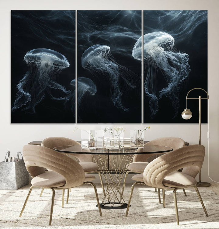 The Jellyfish Wall Art Canvas Print features glowing jellyfish in vibrant colors on museum-quality canvas.